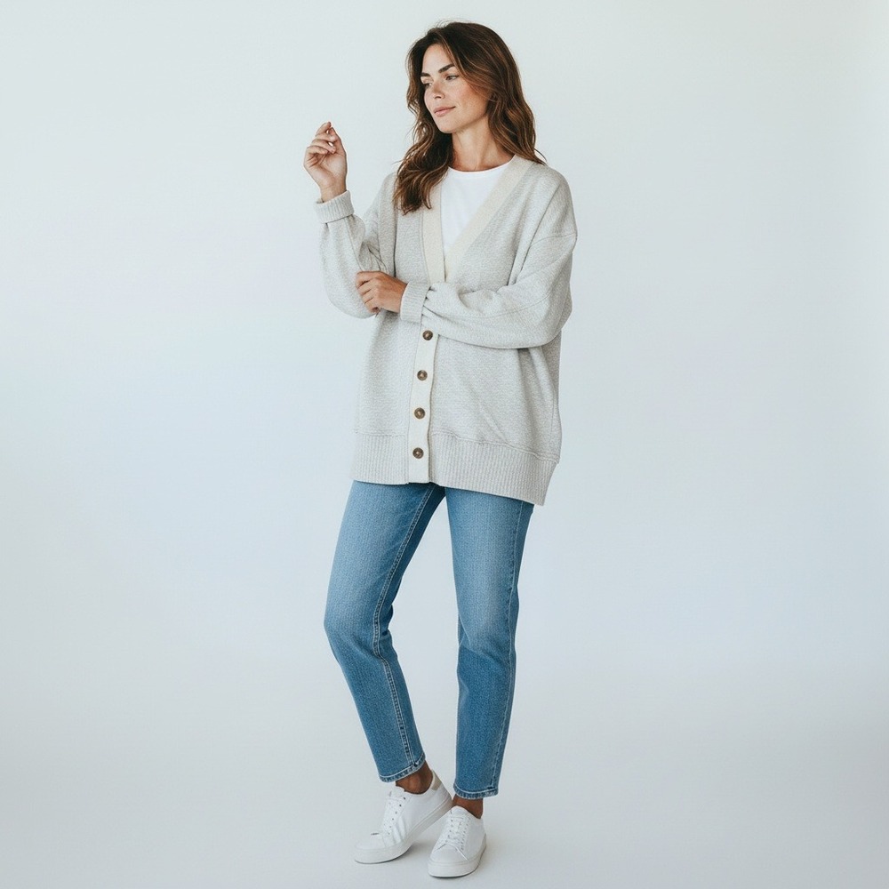 Aerie Cardigan Sweatshirt S Grey Oversized V-Neck Button Front Fleece Ribbed